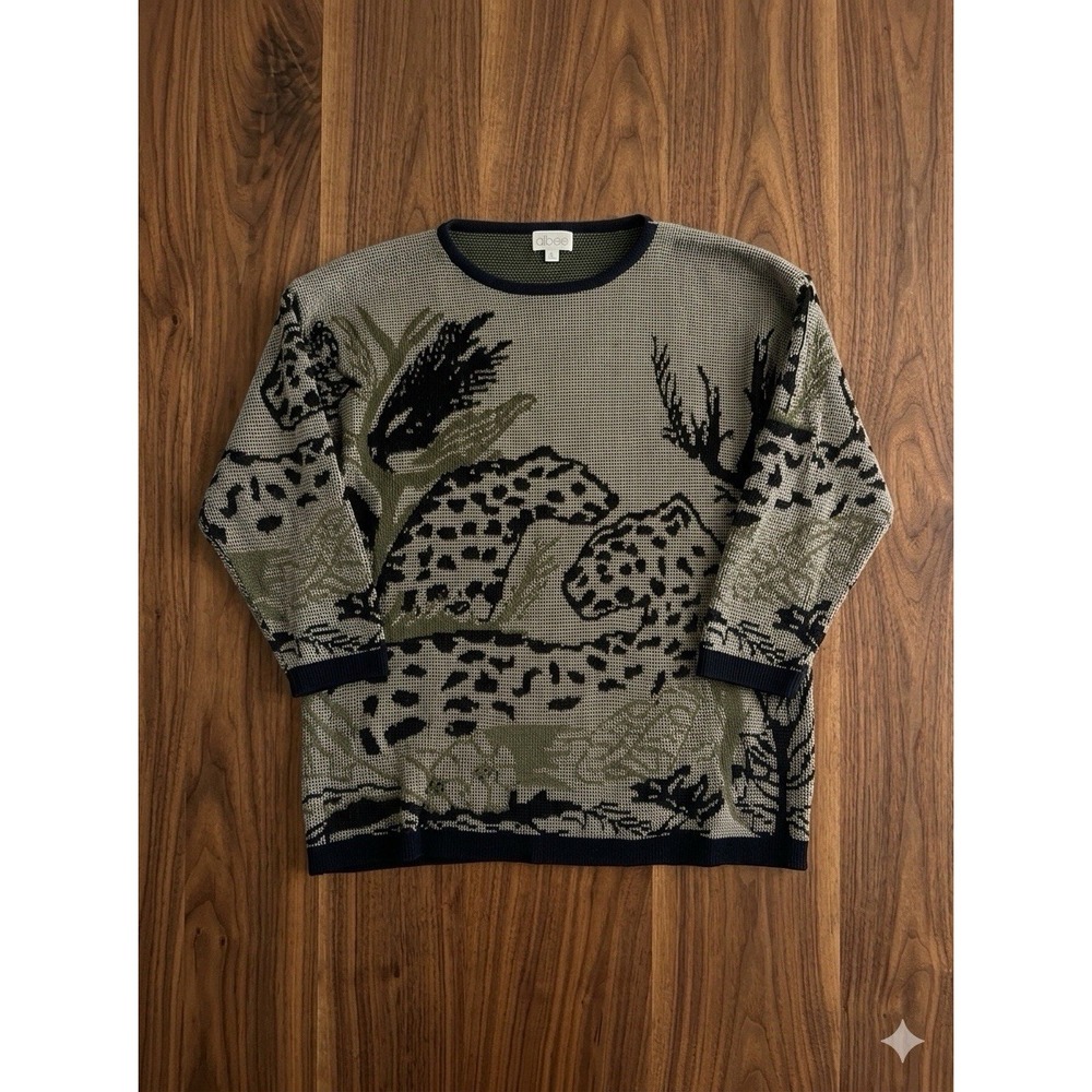 Vintage Albee Sweater Womens L Cheetah Safari Jungle Novelty Grandmacore 80s
